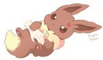  anger_vein angry animal_ears animal_feet animal_focus brown_eyes brown_fur closed_mouth eevee lying mugita_konomi on_back petting pokemon pokemon_(creature) scratching simple_background tail two-tone_fur white_background white_fur 