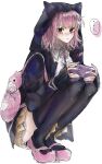  ... 1girl bag black_jacket danganronpa_(series) danganronpa_2:_goodbye_despair handheld_game_console highres hood hooded_jacket jacket medium_hair nanami_chiaki pi_no_(qqy6xxf8zxmbvyy) pink_hair pleated_skirt purple_eyes simple_background skirt solo speech_bubble white_background 