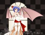  bare_shoulders bat_wings blue_hair elbow_gloves garter_straps gloves hat highres jewelry midnight_(banyex) pendant red_eyes remilia_scarlet short_hair slit_pupils solo thighhighs touhou white_legwear wings 