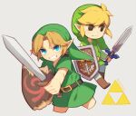 blonde_hair blue_eyes clothing duo elf hair hat headgear headwear holding_object holding_sword holding_weapon humanoid humanoid_pointy_ears hylian light_body light_skin male master_sword melee_weapon nintendo not_furry ocarina_of_time shield shirt simple_background square_crossover sword teeth the_legend_of_zelda toon_link topwear triforce tunic weapon wind_waker wusagi2 young_link