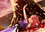  blood cherry_blossoms death dying injury japanese_clothes lying no_hat no_headwear on_back outstretched_arm outstretched_hand petals pink_hair reaching red_eyes saigyouji_yuyuko saigyouji_yuyuko_(living) short_hair smile solo suicide sunset tears touhou tree under_tree yasuyuki 