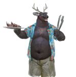 2024 aloha_shirt anthro antlers belly bottomwear cettus clothed clothing deer dress_shirt food fur grey_body grey_fur holding_object holding_plate horn male mammal meat navel open_clothing open_mouth open_shirt open_topwear overweight overweight_anthro overweight_male pants partially_clothed pattern_clothing pattern_shirt pattern_topwear plate shirt simple_background smile solo standing tongs tools topwear white_background