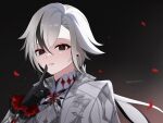  1girl arlecchino_(genshin_impact) black_background black_eyes coat commentary genshin_impact gradient_background grey_coat grey_hair grey_shirt hand_up highres index_finger_raised kino_(curry_pan) long_hair low_ponytail open_clothes open_coat petals shirt solo upper_body very_long_hair 