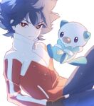  1boy absurdres black_hair blurry bright_pupils brown_eyes closed_mouth depth_of_field fingerless_gloves gloves highres hugh_(pokemon) jacket looking_at_viewer male_focus mixed-language_commentary oshawott pants pokemon pokemon_(creature) pokemon_bw2 red_jacket ryusa_(gjgd7445) white_background white_pupils zipper_pull_tab 