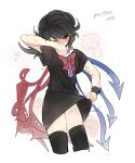  1girl absurdres artist_name asymmetrical_wings black_dress black_hair black_thighhighs blush bow bowtie cowboy_shot dress highres houjuu_nue ichirugi looking_at_viewer nervous_sweating nose_blush one_eye_closed pixiv_id red_bow red_bowtie red_eyes short_dress smell solo sweat thighhighs touhou wings 