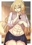 2024 5_fingers abs anthro athletic athletic_anthro athletic_female big_breasts biped black_bottomwear black_clothing black_skirt blonde_hair blush bottomwear breasts brown_clothing brown_topwear canid canine canis clothed clothing clothing_lift domestic_dog female fingers flashing fluffy fluffy_tail fur hair hi_res kemono legs_together looking_at_viewer mammal necktie one_eye_closed pleated_skirt portrait presenting_abs raised_tail red_necktie school_uniform shirt shirt_lift shush skirt solo sweater sweater_vest tail thick_thighs three-quarter_portrait tongue tongue_out topwear under_boob uniform vector_miso vest white_dress_shirt wink winking_at_viewer yellow_body yellow_eyes yellow_fur