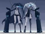  2girls 32zzz armored_boots asymmetrical_legwear black_bra black_dress black_footwear black_gloves black_hair black_jacket black_rock_shooter black_rock_shooter_(character) black_shorts blue_eyes blush boots bra cannon dress elbow_gloves flaming_eye flat_chest gloves grey_hair hair_between_eyes highres holding holding_sword holding_weapon huge_weapon jacket katana long_hair mismatched_legwear multiple_girls navel nose_blush open_clothes open_jacket pale_skin punishing:_gray_raven short_shorts shorts single_glove stitches sword twintails underwear uneven_twintails weapon 