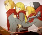  2boys alphonse_elric bad_id bad_pixiv_id blonde_hair blue_eyes casual den_(fma) dog edward_elric fullmetal_alchemist heart heart_of_string long_hair looking_back miniskirt multiple_boys ponytail red_scarf riru scarf sitting skirt winry_rockbell yellow_eyes 