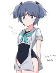  1girl aqua_neckerchief arms_behind_back black_one-piece_swimsuit blue_eyes covered_navel cowboy_shot grey_hair grey_sailor_collar headgear highres i-36_(kancolle) kantai_collection neckerchief one-hour_drawing_challenge one-piece_swimsuit sailor_collar sailor_shirt school_swimsuit shirt simple_background solo swimsuit twintails wada-kun white_background white_shirt 
