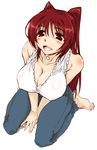  bare_shoulders barefoot blush breasts cleavage denim face feet hands heart jeans kneeling kousaka_tamaki large_breasts long_hair pants red_hair sitting solo to_heart_2 wariza yamaguchi_homupe 