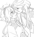  2girls artist_request asticassia_school_uniform blush chinese_commentary commentary_request commission eye_contact flying_sweatdrops greyscale gundam gundam_suisei_no_majo hairband hand_on_another&#039;s_face imminent_kiss long_hair long_sleeves looking_at_another miorine_rembran monochrome multiple_girls parted_lips ponytail school_uniform second-party_source suletta_mercury sweatdrop thick_eyebrows yuri 