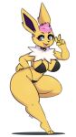 2024 absurd_res anthro anthrofied big_breasts bikini black_bikini black_clothing black_swimwear breasts clothed clothing eeveelution eyebrows eyelashes feet female fur generation_1_pokemon gesture hair hand_gesture hi_res i_am_kat95 jolteon looking_at_viewer nintendo open_mouth open_smile pink_hair pokemon pokemon_(species) pokemorph purple_eyes simple_background smile solo swimwear thick_thighs v_sign white_background yellow_body yellow_fur