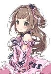  1girl bare_shoulders blush brown_eyes brown_hair character_name closed_mouth curtained_hair dot_nose dress earrings frilled_dress frills heart heart_earrings idolmaster idolmaster_cinderella_girls jewelry kuresuku_(lessons) light_smile long_hair looking_at_viewer off_shoulder own_hands_together pink_dress ribbon-trimmed_dress ribbon-trimmed_sleeves ribbon_earrings ribbon_trim shimamura_uzuki side_ponytail sidelocks simple_background solo upper_body wavy_hair white_background 