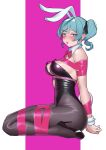  :o absurdres animal_ears arm_ribbon arm_strap arms_behind_back black_leotard black_ribbon blue_eyes blue_hair blush bound bound_arms bow bowtie breasts clothing_cutout detached_collar from_side full_body hair_ribbon hairband haruse_(kichiroharuse) hatsune_miku heart_cutout high_heels highres leotard looking_at_viewer medium_breasts medium_hair o-ring o-ring_thigh_strap open_mouth pink_background pink_ribbon rabbit_ears rabbit_girl rabbit_hole_(vocaloid) red_bow red_bowtie ribbon sitting spaghetti_strap thigh_strap thighs twintails vocaloid white_hairband 