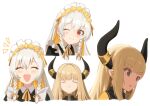  2girls :d aroha_j black_horns blonde_hair blush braid closed_eyes colored_inner_hair frown green_eyes hair_ribbon horn_ornament horns maid_headdress multicolored_hair multiple_girls multiple_views one_eye_closed pixiv_fantasia pixiv_fantasia_scepter_of_zeraldia red_eyes ribbon simple_background smile twin_braids white_background white_hair yellow_ribbon 