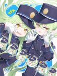  2girls :p absurdres armband belt blue_archive blue_armband chibi chibi_inset claw_pose gloves green_hair green_halo halo hand_in_own_hair hat highres hikari_(blue_archive) light_blush looking_at_viewer military_uniform mouth_pull multiple_girls musical_note nozomi_(blue_archive) outside_border pjkuasu pointy_ears police_badge police_hat short_eyebrows sparkle tongue tongue_out uniform watermark white_gloves yellow_eyes 