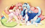  :&lt; :d animal_ears ball barefoot bloomers blue_hair dog_ears dog_tail doghouse feet green_eyes hair_ribbon highres lily_(wanko) looking_back multiple_girls ninomoto no_panties open_mouth pillow pink_hair ribbon smile tail tennis_ball thighhighs underwear wallpaper wanko wanko_to_lily wrist_cuffs yellow_eyes 