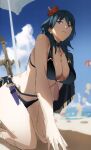  1girl beach bikini black_bikini black_cape blue_eyes blue_hair blue_sky breasts byleth_(female)_(fire_emblem) byleth_(female)_(summer)_(fire_emblem) byleth_(fire_emblem) cape cleavage cloud fire_emblem fire_emblem:_three_houses fire_emblem_heroes flower hair_flower hair_ornament hibiscus highres large_breasts long_hair navel official_alternate_costume outdoors red_flower sand sky solo squatting swimsuit sword_of_the_creator zv6dllrzu725132 