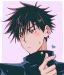  1boy bad_id bad_twitter_id black_hair black_jacket blush buttons close-up closed_mouth commentary fushiguro_megumi hair_between_eyes heart heart_hands high_collar jacket jujutsu_kaisen looking_to_the_side male_focus nackseojang short_hair simple_background solo spiked_hair sweatdrop symbol-only_commentary upper_body 