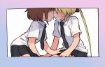  2girls after_kiss black_necktie black_skirt blonde_hair blue_border border breath brown_hair collared_shirt commentary_request cowboy_shot face-to-face faceless faceless_female gradient_border hand_on_another&#039;s_thigh kill_me_baby long_hair meis_(terameisu) multiple_girls necktie open_mouth oribe_yasuna pleated_skirt purple_border saliva saliva_trail school_uniform shirt short_hair short_sleeves simple_background sitting skirt sonya_(kill_me_baby) sweat tongue tongue_out twintails white_background white_shirt yuri 