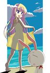  barefoot beach blonde_hair bunny cloud day dress full_body highres ki_(adotadot) long_hair mesousa open_mouth pani_poni_dash! purple_eyes rebecca_miyamoto see-through see-through_silhouette silhouette sky solo water 