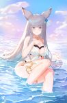  1girl animal_ears bikini blue_eyes blush breasts choker cleavage closed_mouth collarbone feet_out_of_frame fishofthelakes granblue_fantasy grey_hair hair_ornament halterneck hand_on_own_chest highres korwa korwa_(summer)_(granblue_fantasy) long_hair looking_at_viewer partially_submerged shallow_water sitting smile solo swimsuit thighlet thighs very_long_hair water wet white_bikini white_choker 