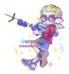  1boy black-framed_eyewear blonde_hair closed_mouth commentary_request commission e-liter_4k_(splatoon) glasses grey_shorts gun highres hiking_sandals holding holding_gun holding_weapon inkling inkling_boy inkling_player_character korean_commentary looking_at_viewer male_focus medium_hair pointy_ears red_eyes red_shirt sandals shirt shorts simple_background smile solo splatoon_(series) splatoon_3 tentacle_hair thick_eyebrows ufo_sw watermark weapon white_background 