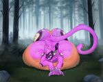 5:4 anthro belly big_belly claws cmitchell female forest fur hi_res long_tail machine paws pink_body pink_fur plant protogen purple solo tail tree vore