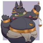 2024 anthro anubis belly big_belly black_body canid canine canis clothed clothing deity ear_piercing ear_ring egyptian_mythology hi_res jackal kemono male mammal middle_eastern_mythology moobs mythology nipples overweight overweight_male piercing ring_piercing simple_background solo