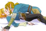  1boy 1girl belt black_pants blonde_hair blue_shirt boy_on_top brown_belt brown_pants champion&#039;s_tunic_(zelda) couple ear_piercing hair_ornament hairclip hand_on_another&#039;s_waist hetero hirofujie kiss link lying medium_hair pants piercing pointy_ears ponytail princess_zelda shirt short_hair sidelocks signature the_legend_of_zelda the_legend_of_zelda:_tears_of_the_kingdom 