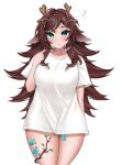  1girl ? animal_ears black_nails blue_eyes breasts brown_hair collarbone dragon_girl dragon_horns eyelashes gem_hair_ornament hair_ornament highres horns indie_virtual_youtuber leaf long_hair natch_imaycz no_pants scales second-party_source shirt solo sugi_aoki virtual_youtuber white_shirt 