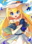  1girl absurdres alternate_costume black_hat blonde_hair blue_eyes blush collarbone hat highres holding holding_clothes holding_hat long_hair looking_at_viewer offbeat open_mouth puyopuyo smile solo sun_hat white_hat witch_(puyopuyo) 