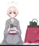  1girl bag_(chrko_bag) blonde_hair blue_archive blush cup grey_kimono grey_sash halo highres holding holding_cup japanese_clothes kimono kotatsu long_sleeves looking_at_viewer nodoka_(blue_archive) nodoka_(hot_spring)_(blue_archive) obi obiage obijime official_alternate_costume purple_sash red_eyes red_halo sash seiza short_hair simple_background sitting smile solo table teapot white_background 