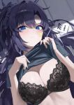  1girl black_bra black_halo black_shirt blue_archive blue_eyes blue_hair blush bra breasts cleavage closed_mouth clothes_lift commentary_request from_above gym_shirt hair_intakes halo highres id_card ki-16 lace-trimmed_bra lace_trim large_breasts lifted_by_self long_hair looking_at_viewer lying mechanical_halo official_alternate_costume official_alternate_hairstyle on_back parted_bangs purple_hair shirt shirt_hold shirt_lift short_sleeves solo star_sticker sticker_on_face sweat underwear upper_body very_long_hair yuuka_(blue_archive) yuuka_(track)_(blue_archive) 