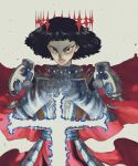  1girl al_sahim armor black_hair cape crown floating_crown gauntlets grey_background highres jeanne_d&#039;arc knight parted_lips real_life red_cape shoulder_armor simple_background solo v-shaped_eyebrows 