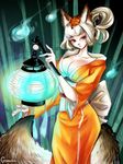  animal_ears bamboo breasts cleavage collarbone eyelashes fox_ears fox_tail grey_hair gumeaw hair_up hitodama japanese_clothes kimono kongiku lantern large_breasts leaf leaf_on_head oboro_muramasa orange_eyes paper_lantern signature solo tail tassel 