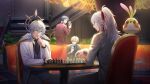  4boys angel_wings aventurine_(honkai:_star_rail) black_necktie black_vest blonde_hair blue_hair brown_suit caelus_(honkai:_star_rail) chair chess_piece closed_eyes cup desk earrings glass grey_hair hair_between_eyes high_ponytail highres holding holding_cup honkai:_star_rail honkai_(series) jacket jewelry jiman jing_yuan long_hair long_sleeves male_focus mole mole_under_eye multiple_boys necktie open_mouth playing_chess ponytail red_suit sampo_koski shirt sitting suit trailblazer_(honkai:_star_rail) vest white_jacket white_suit wings yellow_eyes 