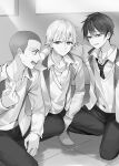  3boys :3 absurdres blazer collarbone collared_shirt commentary_request floor furrowed_brow grey_background hair_between_eyes hand_on_another&#039;s_shoulder highres index_finger_raised indoors jacket kiyomiya_hikaru looking_at_another looking_at_viewer looking_to_the_side male_focus maruyama_takeshi masachika_kuze momoko_(momopoco) multiple_boys necktie novel_illustration official_art open_mouth pants parted_lips school_uniform shadow shaved_head shirt short_hair simple_background squatting sweat sweater teeth tokidoki_bosotto_roshia-go_de_dereru_tonari_no_arya-san upper_teeth_only wing_collar 