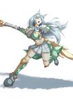  1girl absurdres animal_ears apollousa_bow_of_the_goddess armored_boots asymmetrical_clothes boots bow_(weapon) breasts cleavage crop_top duel_monster full_body gauntlets grey_eyes grey_hair highres holding holding_bow_(weapon) holding_weapon large_breasts midriff navel ne_(nu_kazuya) sideboob skirt sleeveless solo weapon white_skirt yu-gi-oh! 