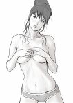  1girl breasts collarbone commentary_request covering_breasts covering_privates cowboy_shot greyscale hair_bun head_tilt highres hirapapa large_breasts lips monochrome navel original panties single_hair_bun solo topless underwear 