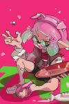  1girl :d absurdres alcohol animal_ears aqua_hair bike_shorts black_shorts cherry_blossoms cup dice fake_animal_ears falling_petals fangs flip-flops gradient_hair green_eyes hairband hand_up highres hooded_shirt inkling inkling_girl inkling_player_character jacket koike3582 long_sleeves multicolor-tinted_eyewear multicolored_clothes multicolored_eyes multicolored_hair multicolored_jacket open_clothes open_jacket open_mouth petals pig_ears pink_background pink_hair pink_hairband pointy_ears purple_hair red_eyes red_jacket red_shirt round_eyewear sakazuki sake sandals shirt short_hair shorts sitting smile solo splatoon_(series) suction_cups tentacle_hair tinted_eyewear two-tone_jacket white_jacket yellow_eyes 