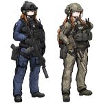  1girl ammunition_pouch ar-15 assault_rifle boots bulletproof_vest france gign gloves gun handgun headset helmet highres looking_at_viewer military_uniform orange_hair original pouch rennn_(ilobeste) rifle smile solo suppressor trigger_discipline uniform v visor_(armor) weapon white_background 