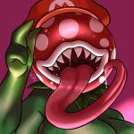 big_breasts bodily_fluids breasts clothing elemental_creature elemental_humanoid eyeless female flora_fauna green_body hat headgear headwear hi_res humanoid long_tongue looking_at_viewer mario_bros nintendo nude open_mouth open_smile pink_background piranha_plant plant plant_humanoid red_body red_clothing red_hat red_headwear saliva sharp_teeth simple_background smile solo teeth tongue tongue_out uniboo uvula