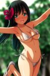  1girl :d absurdres arms_up bikini black_hair blurry blurry_background blush breasts cleavage collarbone commentary_request dated_commentary flower green_eyes hair_flower hair_ornament hibiscus highres long_hair looking_at_viewer matsunaga_kouyou medium_breasts navel open_mouth original outdoors sandals side-tie_bikini_bottom smile solo standing swimsuit teeth underboob upper_teeth_only white_bikini white_footwear 