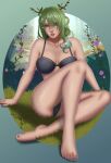  antlers bad_source barefoot blackcapbandit bra ceres_fauna green_hair highres hololive hololive_english horns legs lingerie nature pinup_(style) underwear yellow_eyes 