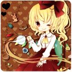  1girl adapted_costume blonde_hair blue_flower blue_rose border bow brown_background closed_mouth collared_shirt cowboy_shot crystal doughnut flandre_scarlet flower food frilled_sleeves frills green_flower green_rose hair_bow heart holding holding_teapot light_smile long_skirt long_sleeves looking_at_viewer mike_(mikeneko) multicolored_wings no_headwear no_vest on_chair one_eye_closed one_side_up red_bow red_brooch red_eyes red_skirt rose shirt sitting skirt solo teapot touhou white_border white_shirt wings wooden_chair 