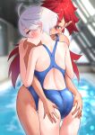  2girls absurdres ahoge aqua_eyes ass blue_one-piece_swimsuit commentary_request competition_swimsuit dark-skinned_female dark_skin from_below grey_eyes gundam gundam_suisei_no_majo height_difference highleg highleg_swimsuit highres hug indoors long_hair medium_hair miorine_rembran multiple_girls one-piece_swimsuit red_hair rei_no_pool shourai suletta_mercury swimsuit thick_eyebrows wet wet_clothes wet_swimsuit white_hair yuri 