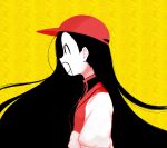  1girl ^q^ absurdres angelfaise backwards_hat baseball_cap black_hair black_shirt butcher_vanity_(synthesizer_v) hat highres jacket long_hair long_sleeves looking_to_the_side red_hat shirt simple_background synthesizer_v very_long_hair white_jacket yellow_background yi_xi_(synthesizer_v) 