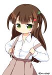  1girl artist_name blush brown_hair brown_skirt buttons child flower green_eyes green_flower hair_flower hair_ornament hao_(pila-pela) highres long_hair long_sleeves looking_at_viewer original overall_skirt pila-pela shirt skirt solo white_background white_flower white_shirt 