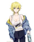  1girl artist_name black_pants blonde_hair blue_jacket bottle breasts cleavage closed_mouth cowboy_shot genderswap genderswap_(mtf) highres holding holding_bottle jacket jacket_partially_removed large_breasts light_frown looking_ahead looking_at_viewer milkuriem mole mole_on_breast mullet nijisanji nijisanji_en pants plastic_bottle purple_eyes simple_background solo sonny_brisko standing sweatpants tank_top white_background white_tank_top 